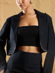 Women Black Denim Notch Collar Crop Blazer