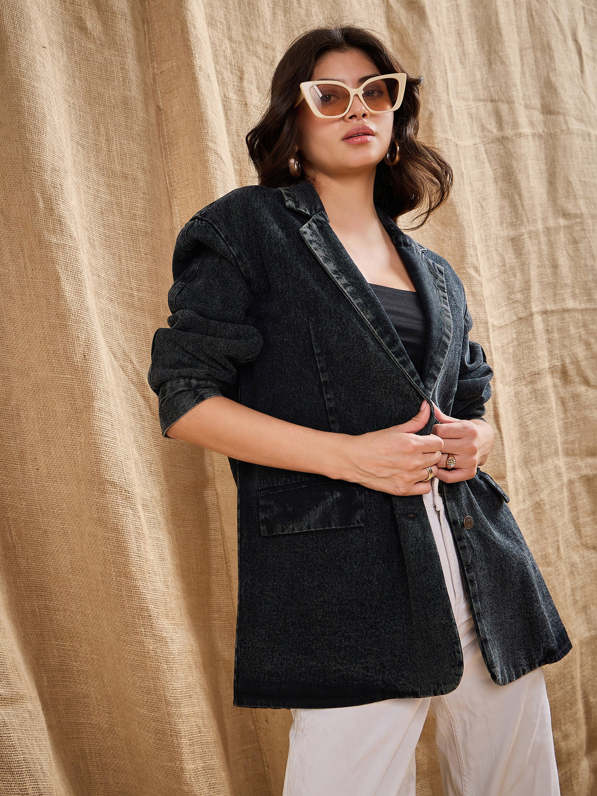 Women Black Denim Washed Oversized Notch Collar Blazer