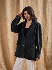 Women Black Denim Washed Oversized Notch Collar Blazer