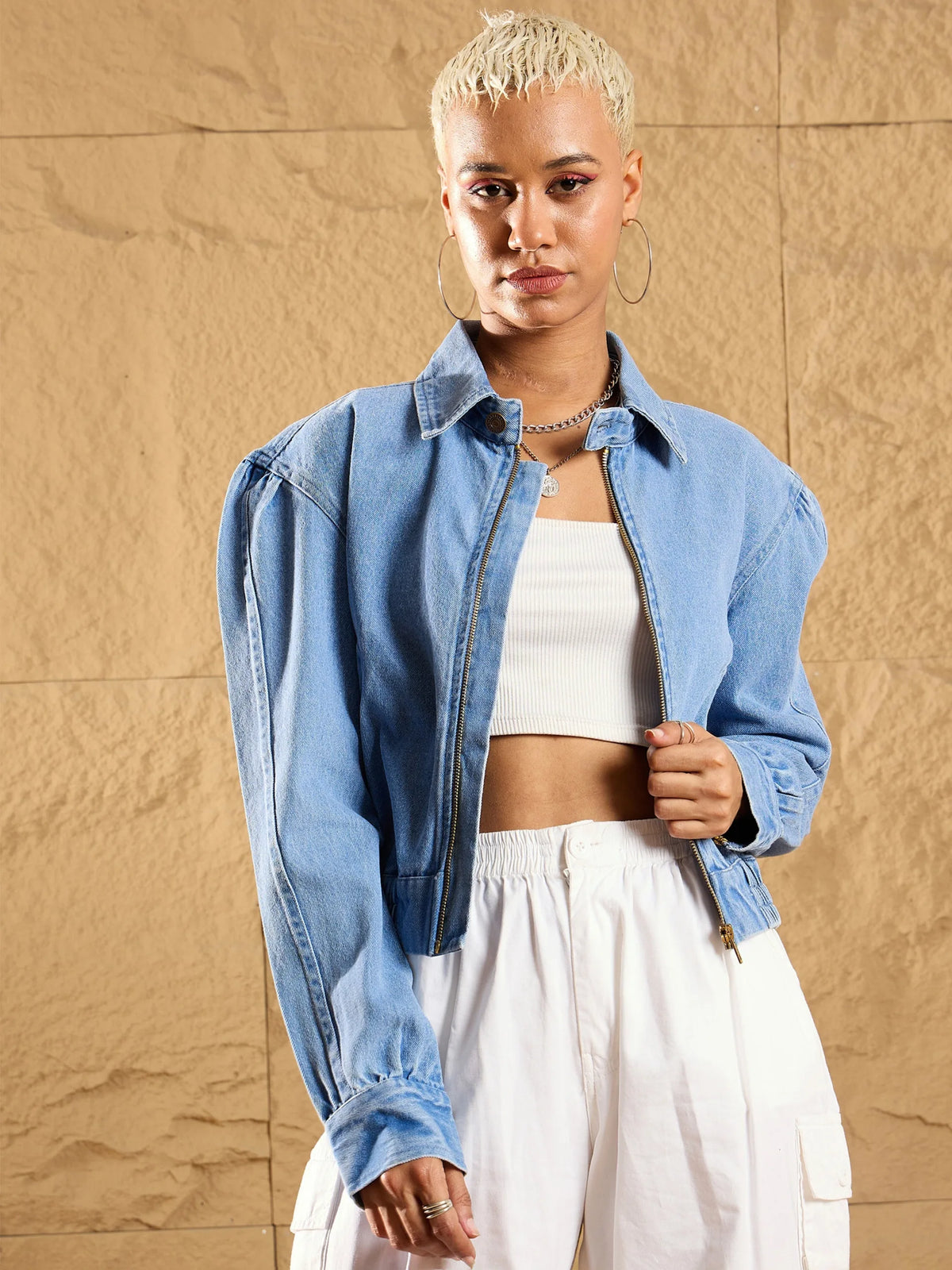 Women Blue Washed Zipper Biker Crop Jacket