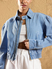 Women Blue Washed Zipper Biker Crop Jacket