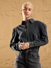 Women Black Washed Zipper Biker Crop Jacket