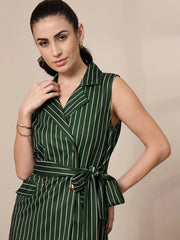 Women Striped Sleeveless Front Tie-Up Blazer