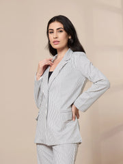 Women Striped Front Button Blazer