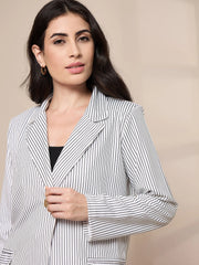 Women Striped Front Button Blazer