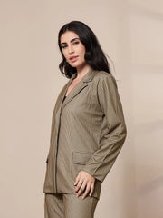 Women Beige Striped Front Button Blazer