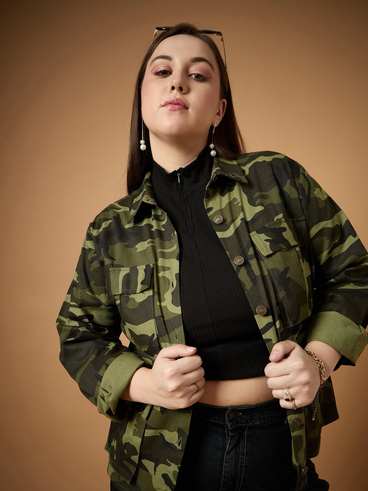 Women Twill Camouflage Multi Pocket Jacket