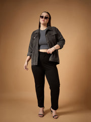 Women Dark Grey Corduroy Front Button Jacket