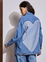 Women Blue Washed Denim Back Heart Patch Shacket