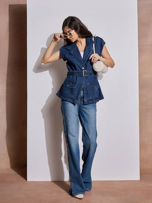 Women Blue Washed Pocket Detail Sleeveless Belted Jacket