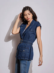 Women Blue Washed Pocket Detail Sleeveless Belted Jacket