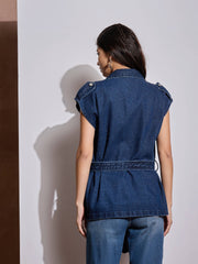 Women Blue Washed Pocket Detail Sleeveless Belted Jacket