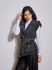 Women Black Washed Pocket Detail Sleeveless Belted Jacket