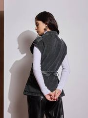 Women Black Washed Pocket Detail Sleeveless Belted Jacket