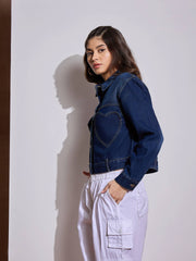 Women Blue Denim Heart Pockets Crop Jacket