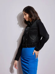 Women Black Denim Heart Pockets Crop Jacket