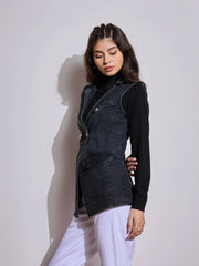 Women Black Denim Flap Pocket Sleeveless Jacket