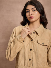 Women Beige Corduroy Full Sleeve Jacket