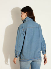 Women Blue Acid Washed Denim High Neck Jacket