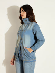 Women Blue Acid Washed Denim High Neck Jacket