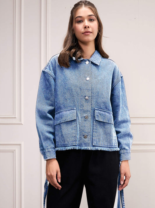 Women Blue Washed Denim Front Pocket Jacket