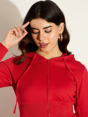 Women Red Terry Front Zipper Crop Jacket