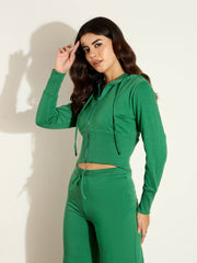 Women Green Terry Front Zipper Crop Jacket