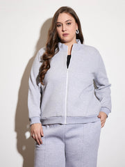 Women Grey Melange Front Open Zipper Jacket