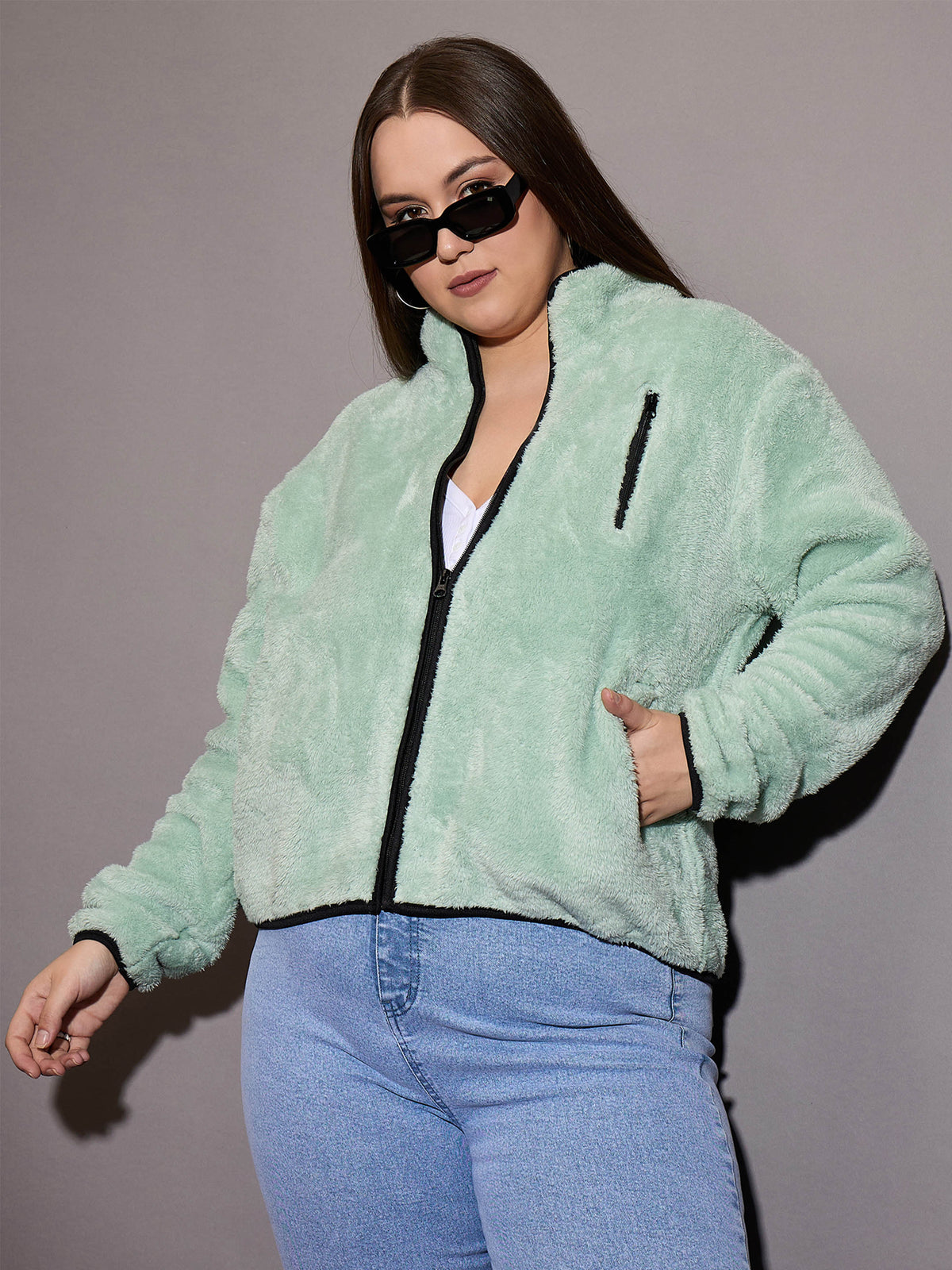 Women Green Faux Fur Contrast Piping Zipper Jacket