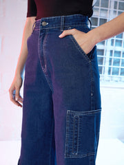 Women Blue Boxy Pockets Cargo Jeans