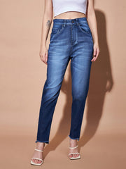 Women Blue High Waisted Slim Fit Frayed Jeans