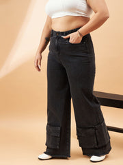 Women Black Blast Hem Pockets Straight Jeans