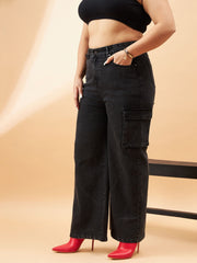 Women Black Acid Wash Side Pocket Detail Straight Jeans