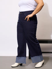 Women Navy Acid Wash Color Block Straight Jeans