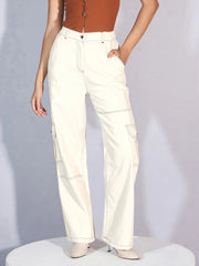 Women White Twill Contrast Stitch Cargo Jeans