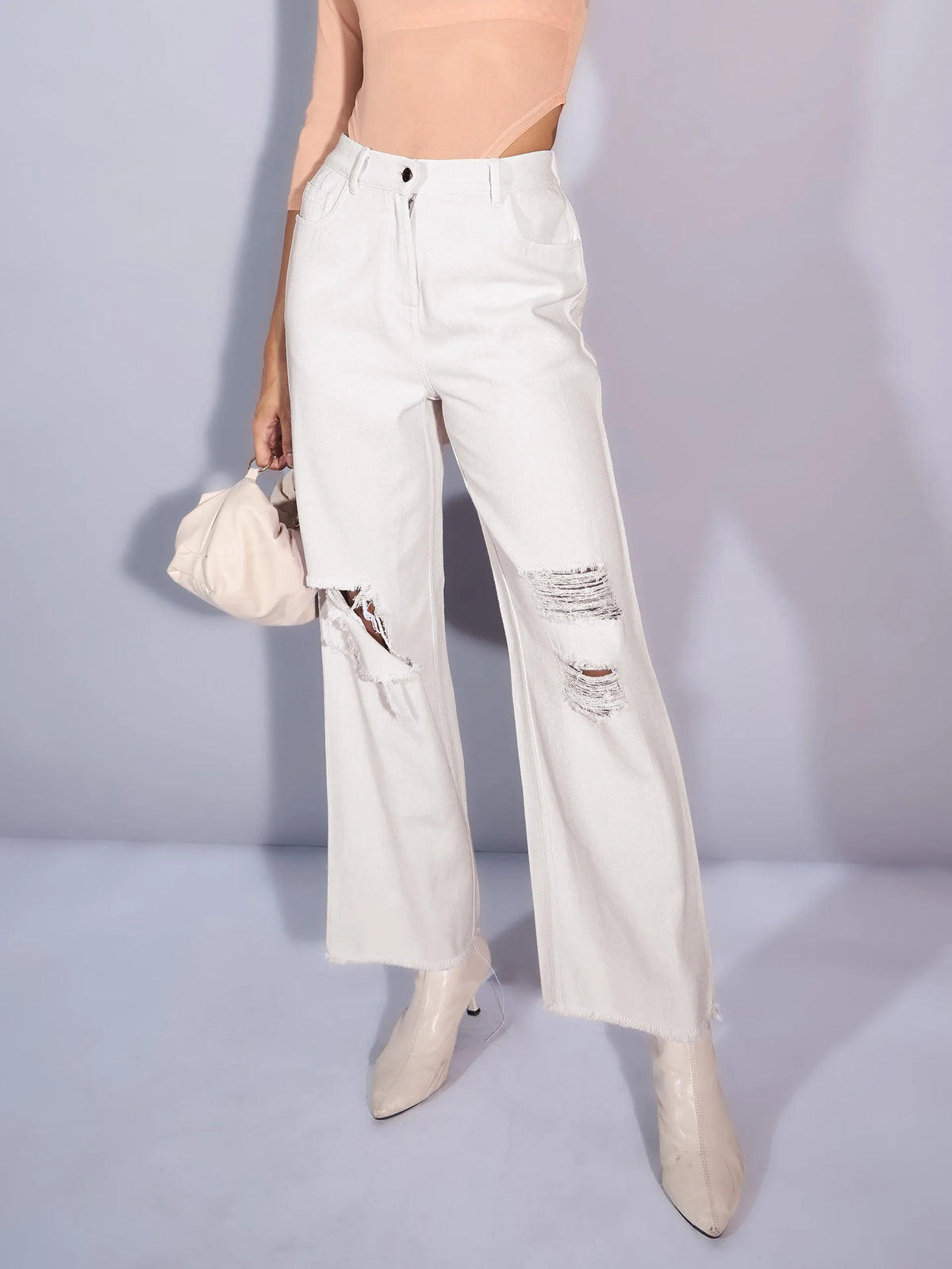 Women White Twill Distress Frayed Hem Jeans