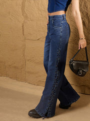 Women Blue Washed Side Dori Straight Fit Jeans