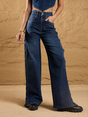 Women Blue Washed Side Dori Straight Fit Jeans