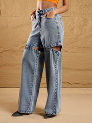 Women Blue Acid Wash Thigh Cut-Out Straight Fit Jeans