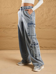 Women Blue Acid Wash Multi Pockets Cargo Jeans