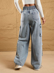 Women Blue Acid Wash Multi Pockets Cargo Jeans