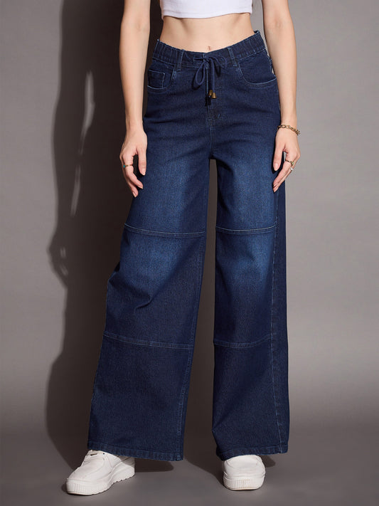 Women Blue Straight Fit Drawstring Jeans