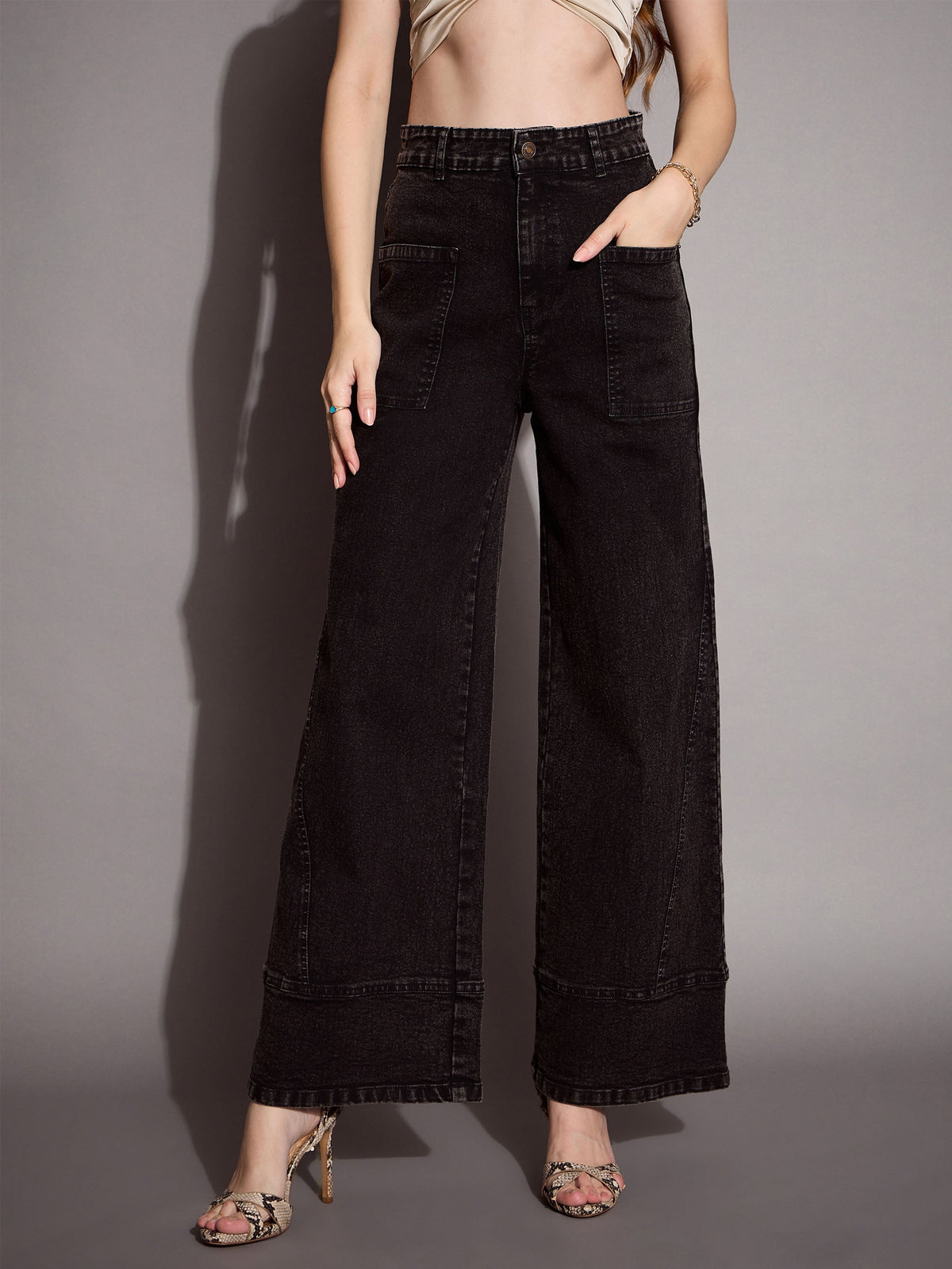 Women Black Wash Patch Pocket Wide Leg Jeans