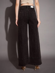 Women Black Wash Patch Pocket Wide Leg Jeans