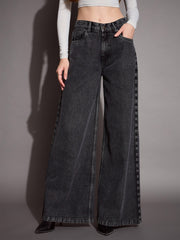 Women Black Low Waist Wide Leg Jeans