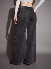 Women Black Low Waist Wide Leg Jeans