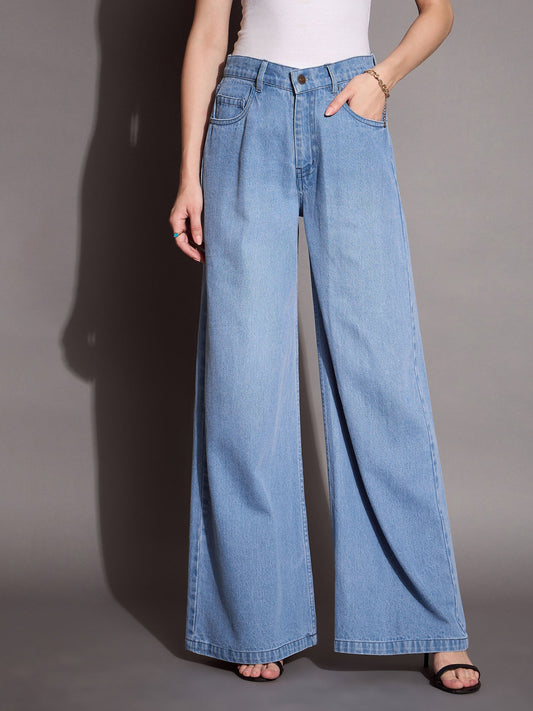 Women Blue Low Waist Wide Leg Jeans