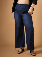 Women Blue Wash Side Knot Straight Fit Jeans