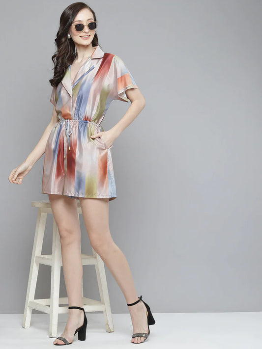 Multicolour Striped Notched Collar Romper, Multicolour