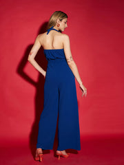 Women Blue Knitted Halter Neck Jumpsuit